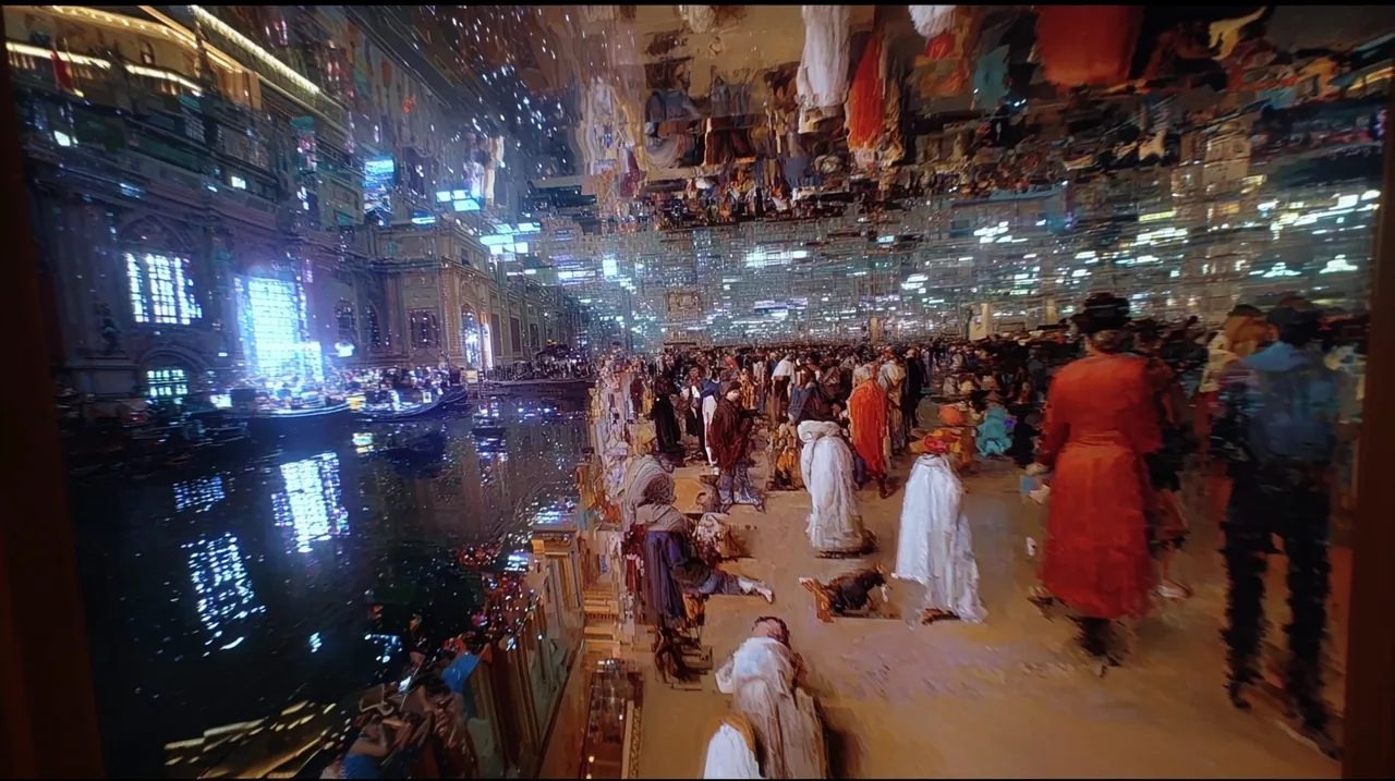 Figures moving through a layered, dreamlike city