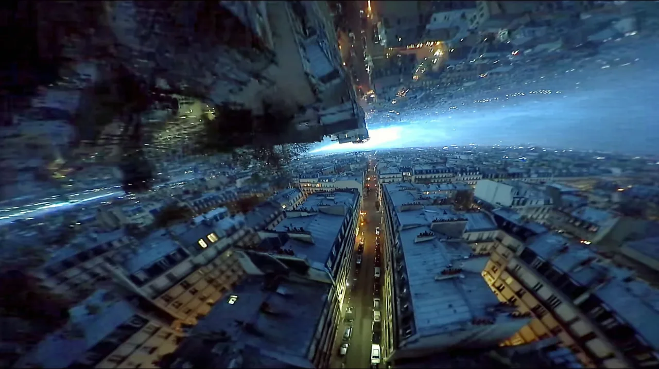 Cityscape folding into a blue-lit horizon